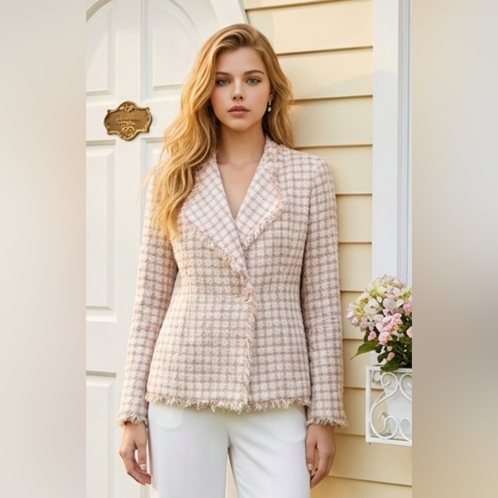 Pink & Cream Tweed Frayed-Trim Blazer Jacket